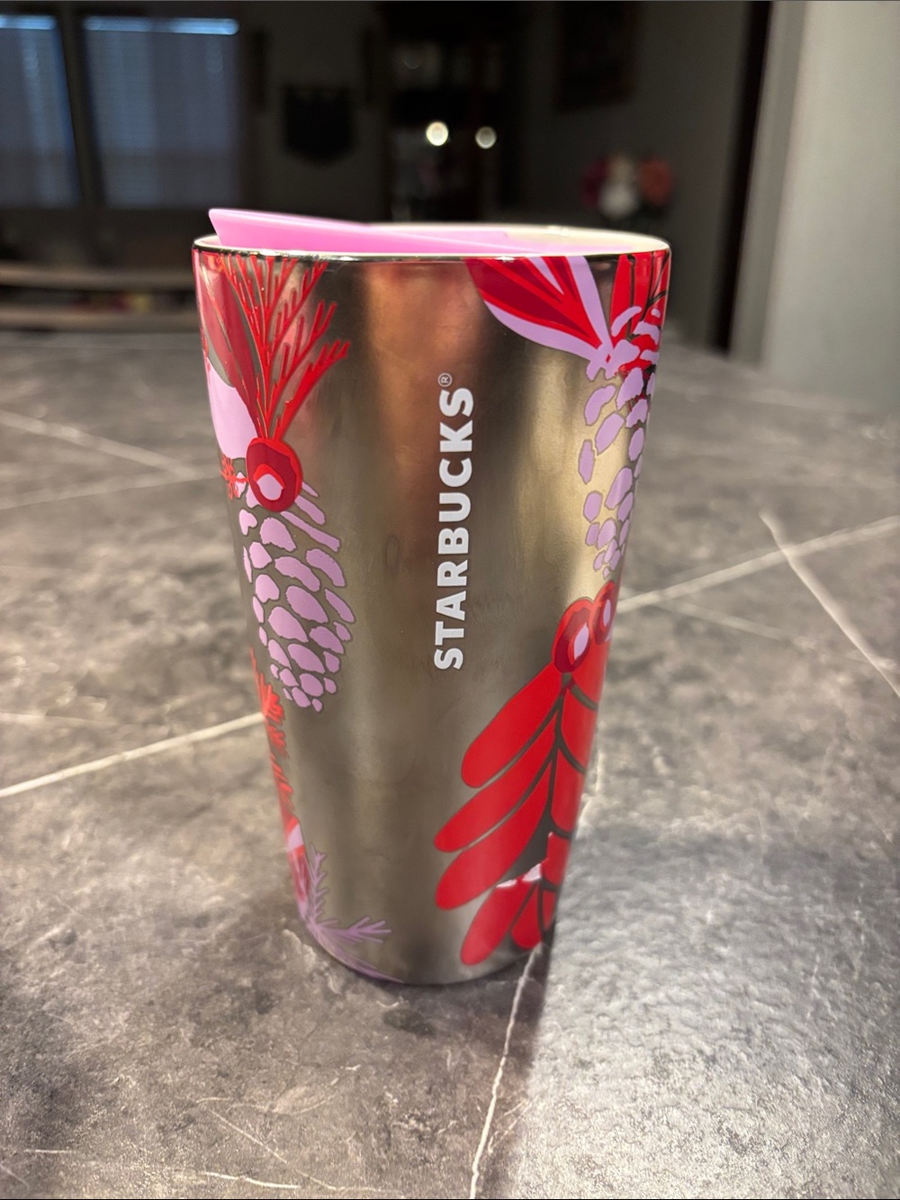 Starbucks Metallic Stainless Tumbler with Red and Pink Botanical Design